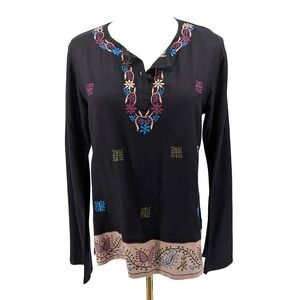 Funky People Embroidered Blouse Black Boho Cotton Rayon Tunic Top Size M